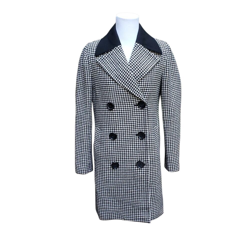 J. Crew Preppy Wool Blend Car Pea Coat Black White Houndstooth Double Breasted 0
